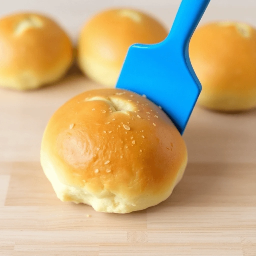 Golden brown no-yeast dinner rolls with a soft texture, one being lifted by a blue spatula on a wooden surface.