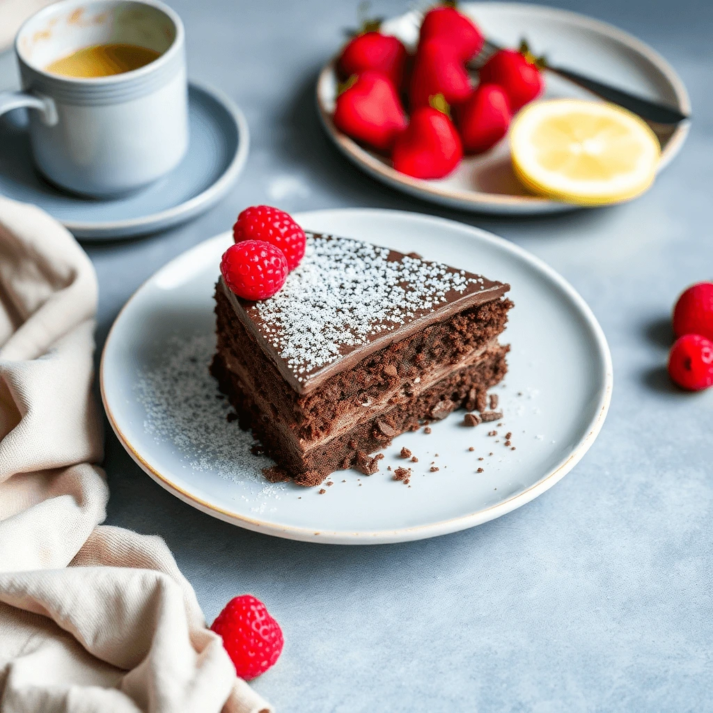 Moist and rich flourless chocolate cake on a plate, with a scoop of whipped cream on top