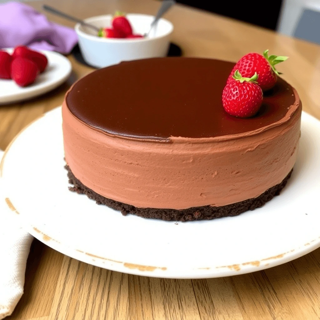 Decadent flourless chocolate gateau topped with a glossy chocolate glaze and fresh strawberries on a white plate.