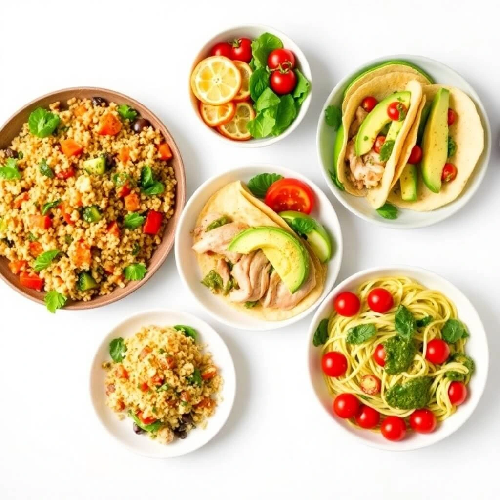 A variety of gluten-free lunch options, including quinoa salad, avocado tacos, and pesto pasta with cherry tomatoes, presented on a clean white background.