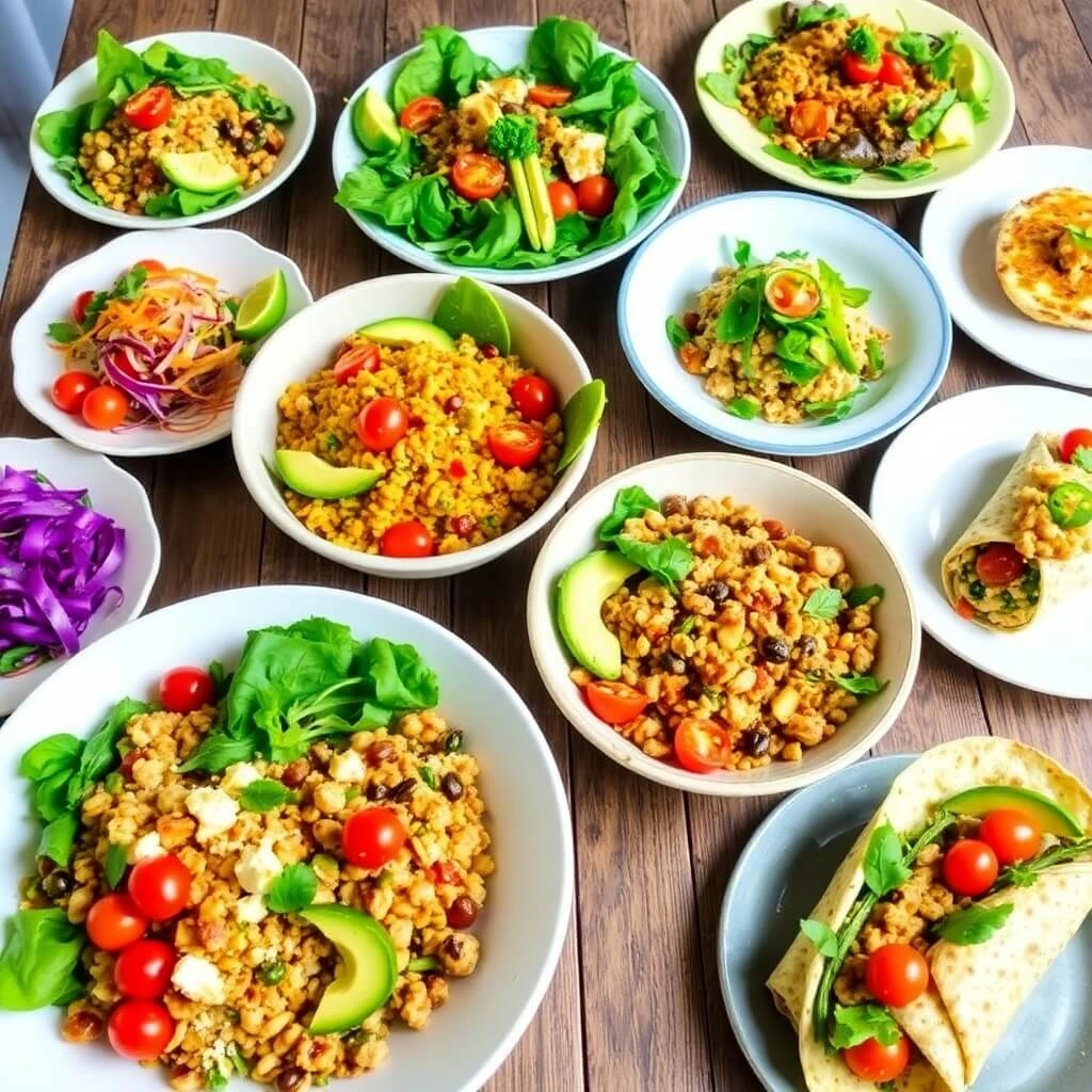 A colorful variety of gluten-free lunch recipes, including bowls with fresh vegetables, chickpeas, wraps, and salads, served on a wooden table.