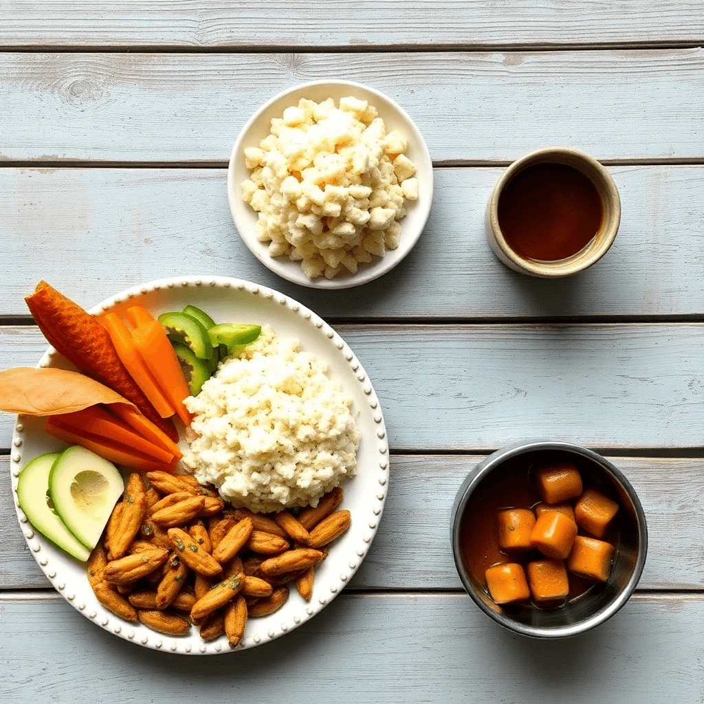 A colorful plate of Guatemalan lunch featuring rice, vegetables, fried snacks, and side dishes.