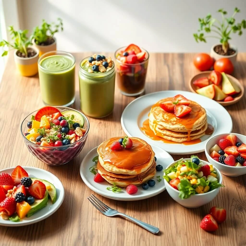 A variety of healthy breakfast options, including smoothie bowls, green smoothies, pancakes with fruit, and fresh fruit salads, arranged on a wooden table.