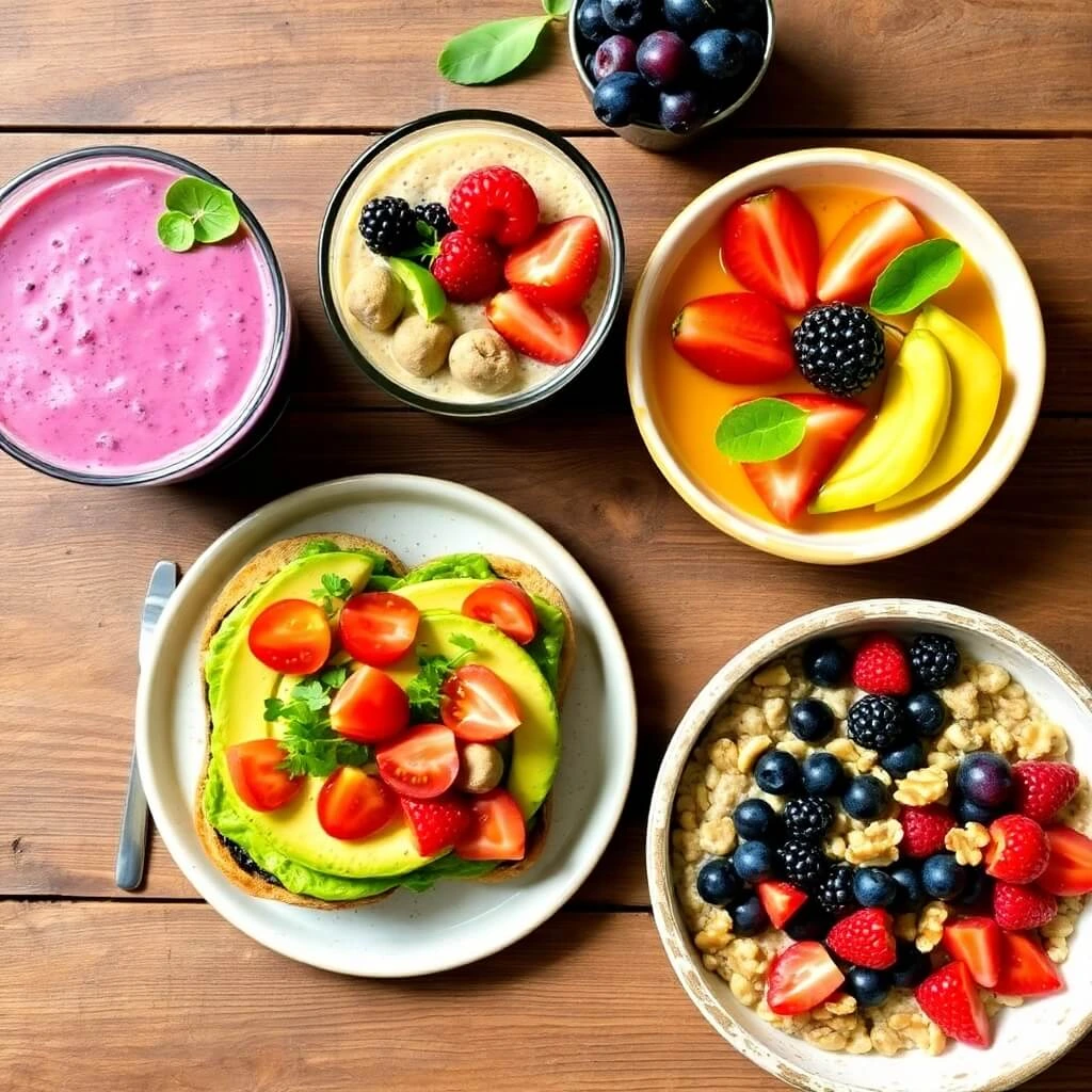 Variety of colorful and healthy breakfast options including smoothie bowls, avocado toast, and overnight oats.