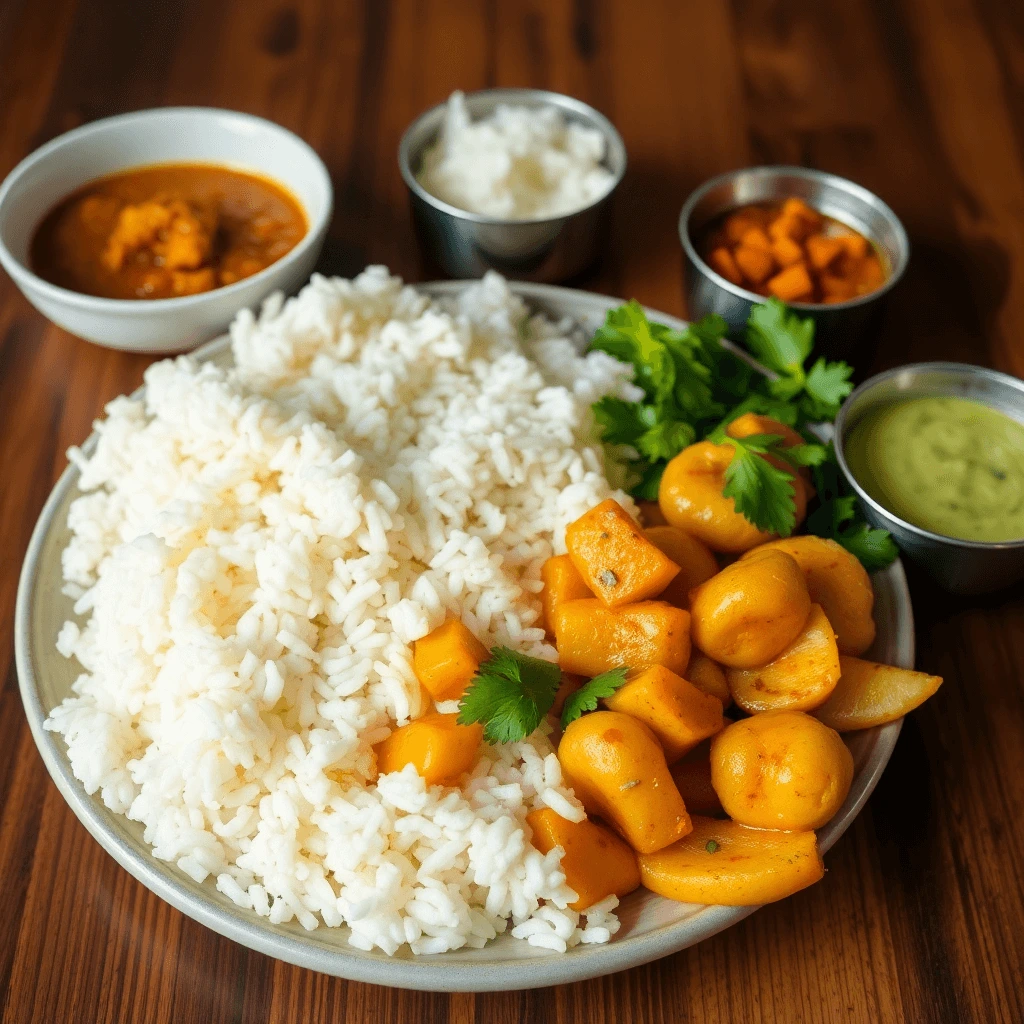 A steaming hot thali of traditional Indian lunch, featuring basmati rice, sambar, chana masala, and naan bread.