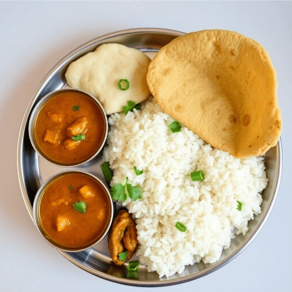 A traditional Indian lunch thali with steamed rice, two bowls of curry, papad, and a side of pickles, served on a stainless steel plate and garnished with fresh cilantro.