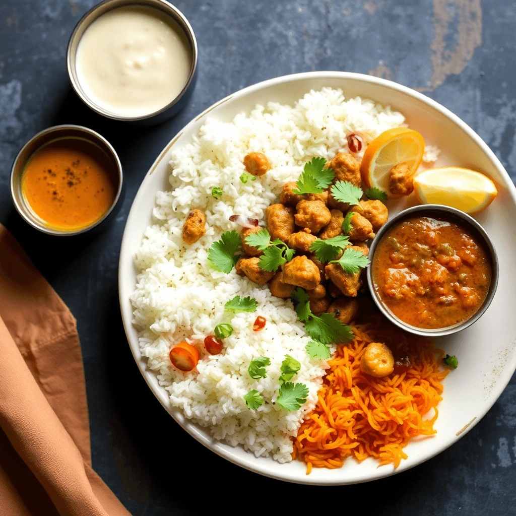 A colorful spread of quick Indian lunch options, including dal, rice, and vegetable curry served in traditional bowls.