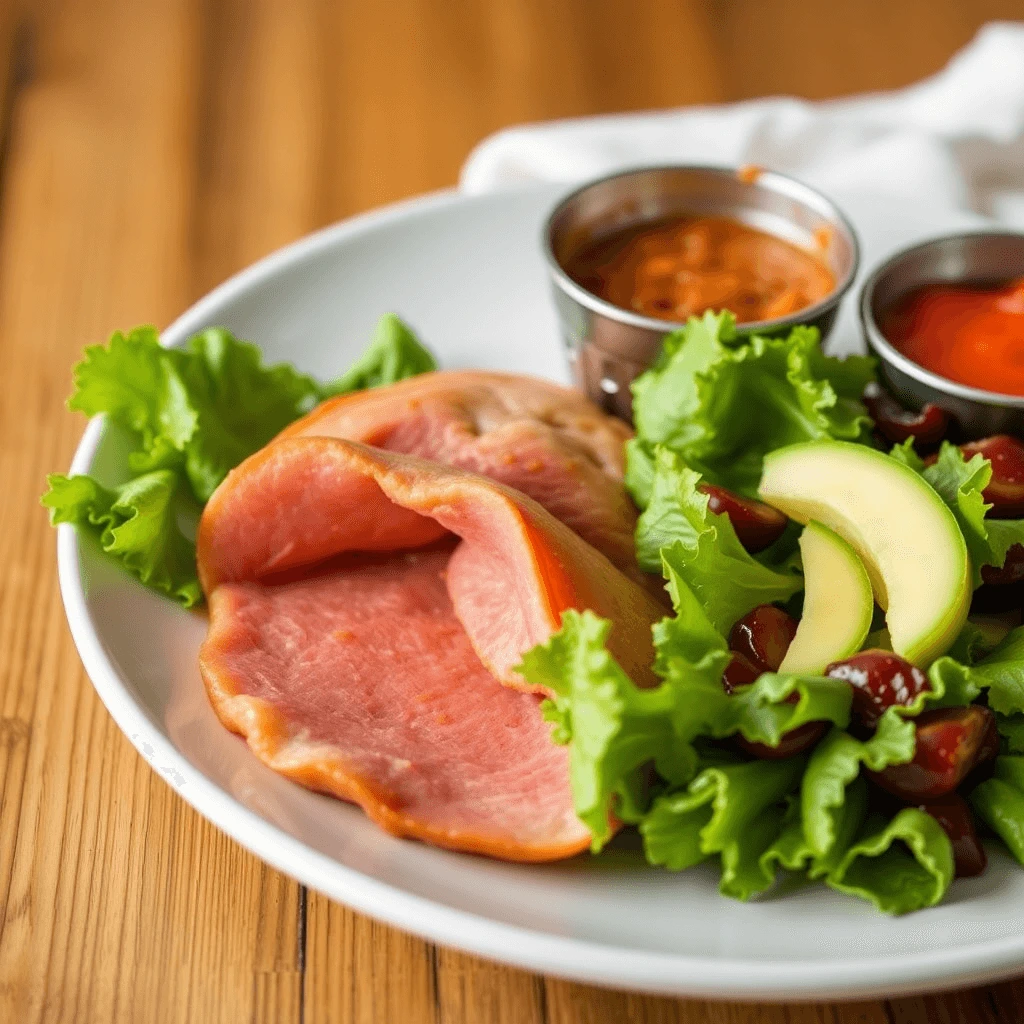 Healthy salad bowl featuring sliced lunch meat, mixed greens, and colorful vegetables.