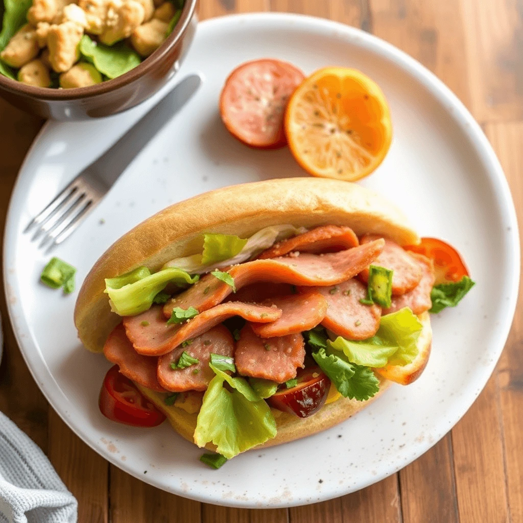 A fresh sandwich with sliced lunch meat, lettuce, and tomatoes, served on a white plate with orange and tomato slices on the side.