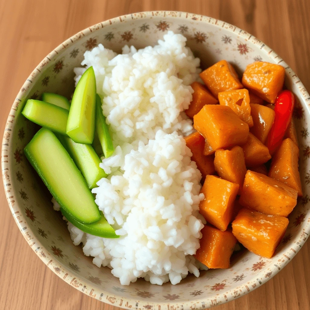 A bowl of rice with fresh cucumber slices and chunks of orange-glazed sweet potatoes, arranged beautifully on a wooden table.