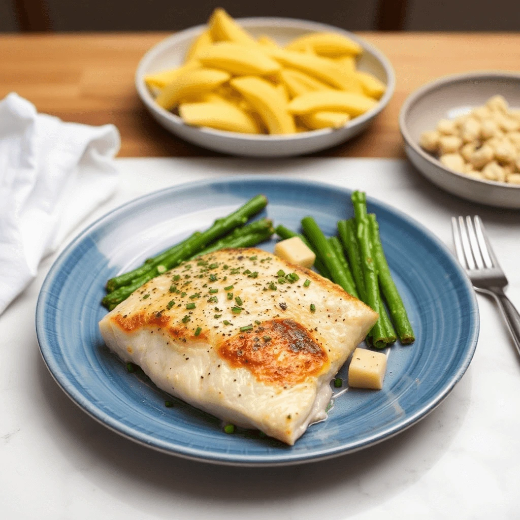 A plated fish dinner with roasted asparagus and cheese cubes, served on a blue plate. Sides include a bowl of sliced mango and a dish of nuts.