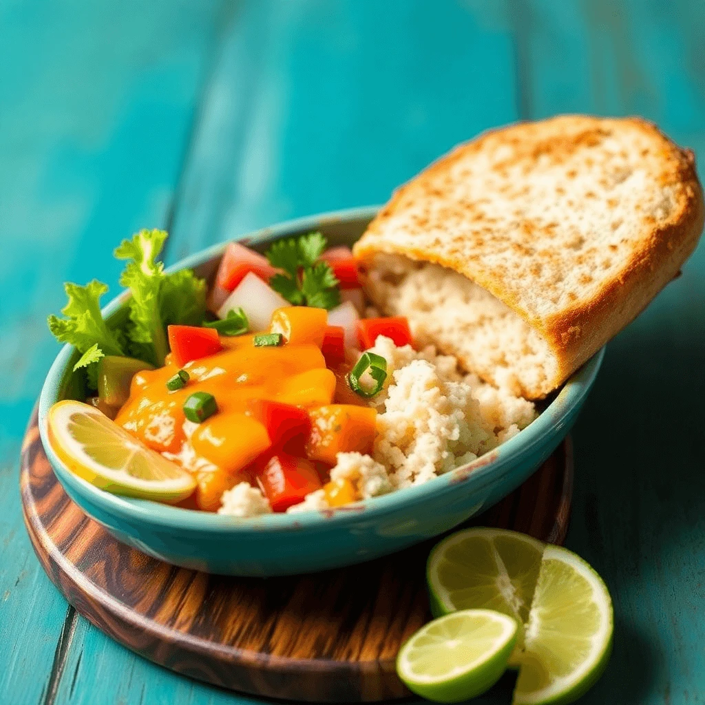 A vibrant Puerto Rican lunch featuring a bowl of couscous topped with mango salsa, fresh vegetables, and toasted bread, garnished with lime slices.