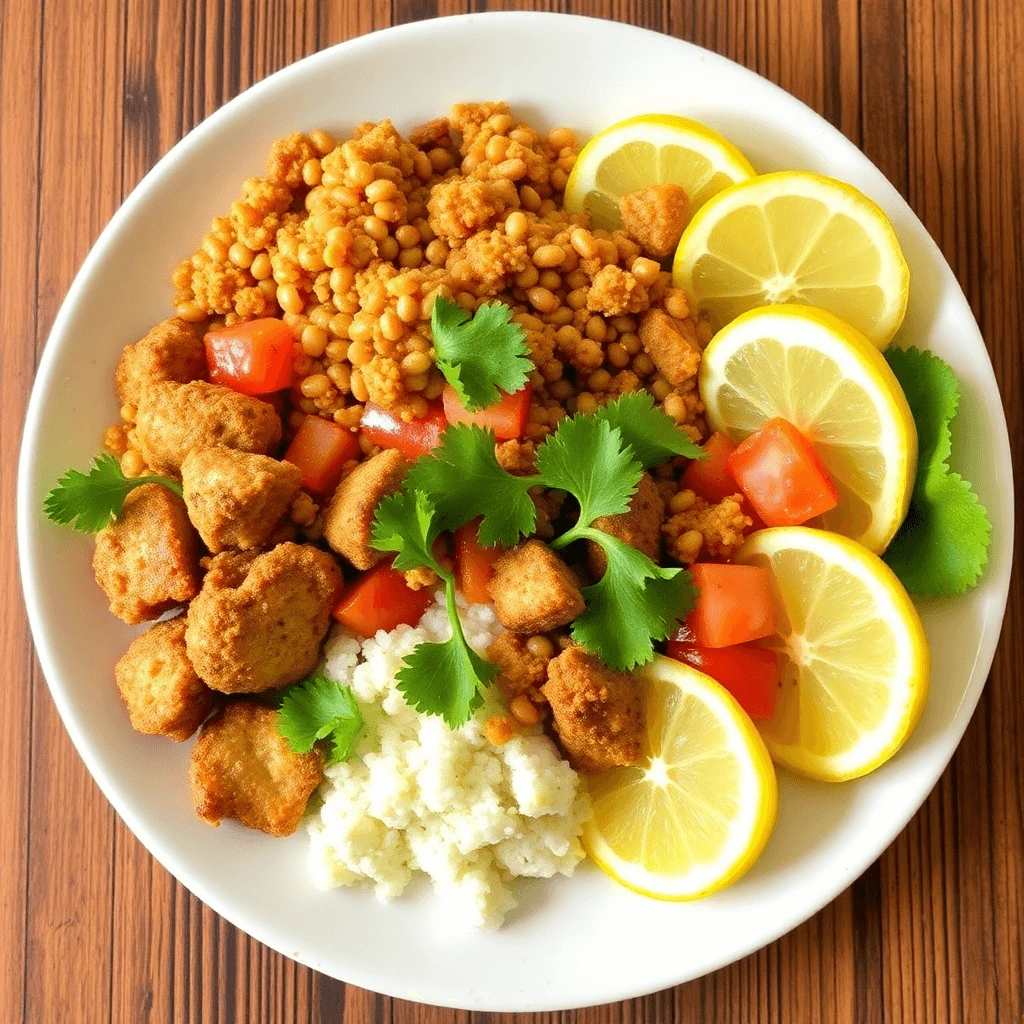 A plate of mofongo topped with garlic shrimp, surrounded by plantains.