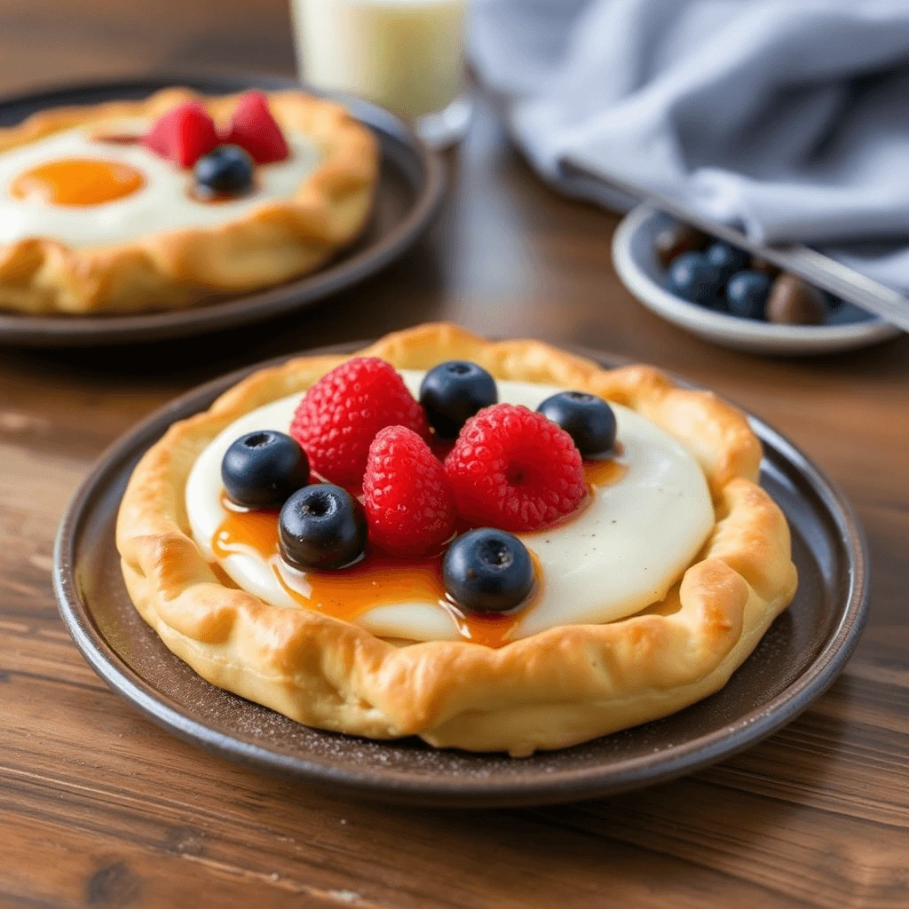 Delicious puff pastry breakfast rolls filled with eggs, cheese, and herbs on a plate