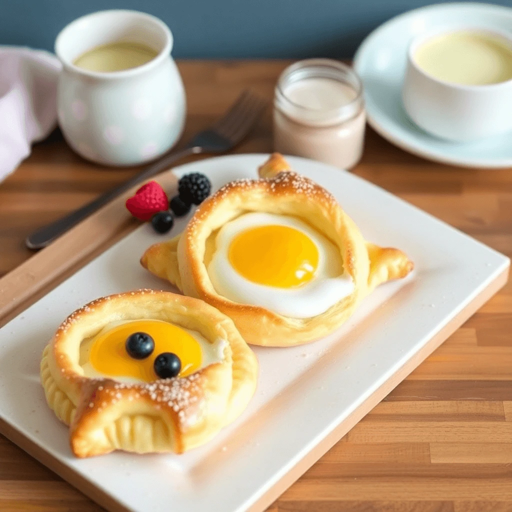 Golden-brown puff pastry filled with scrambled eggs, cheese, and spinach, served on a rustic wooden table.