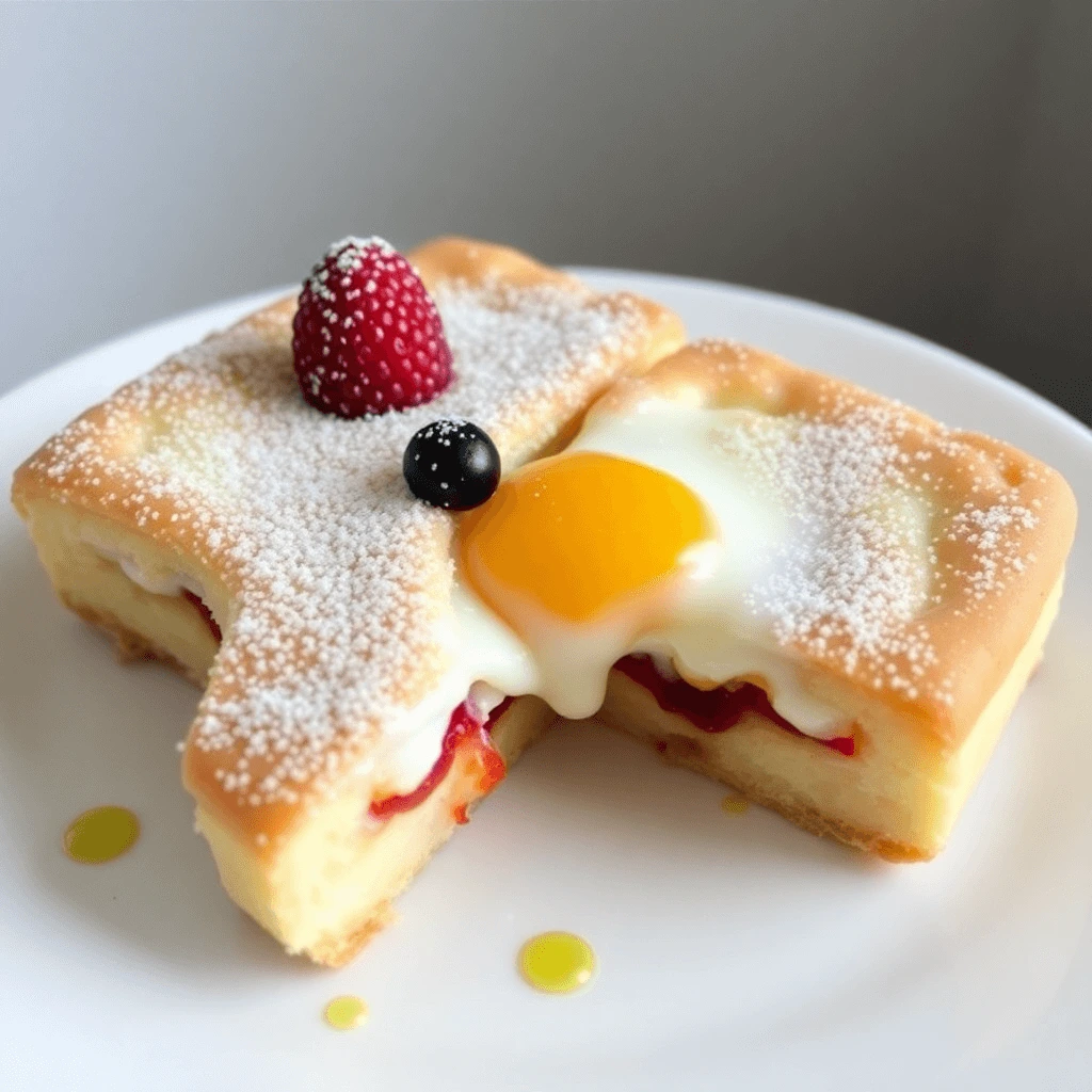 Flaky puff pastry filled with eggs, cheese, and vegetables on a breakfast plate.