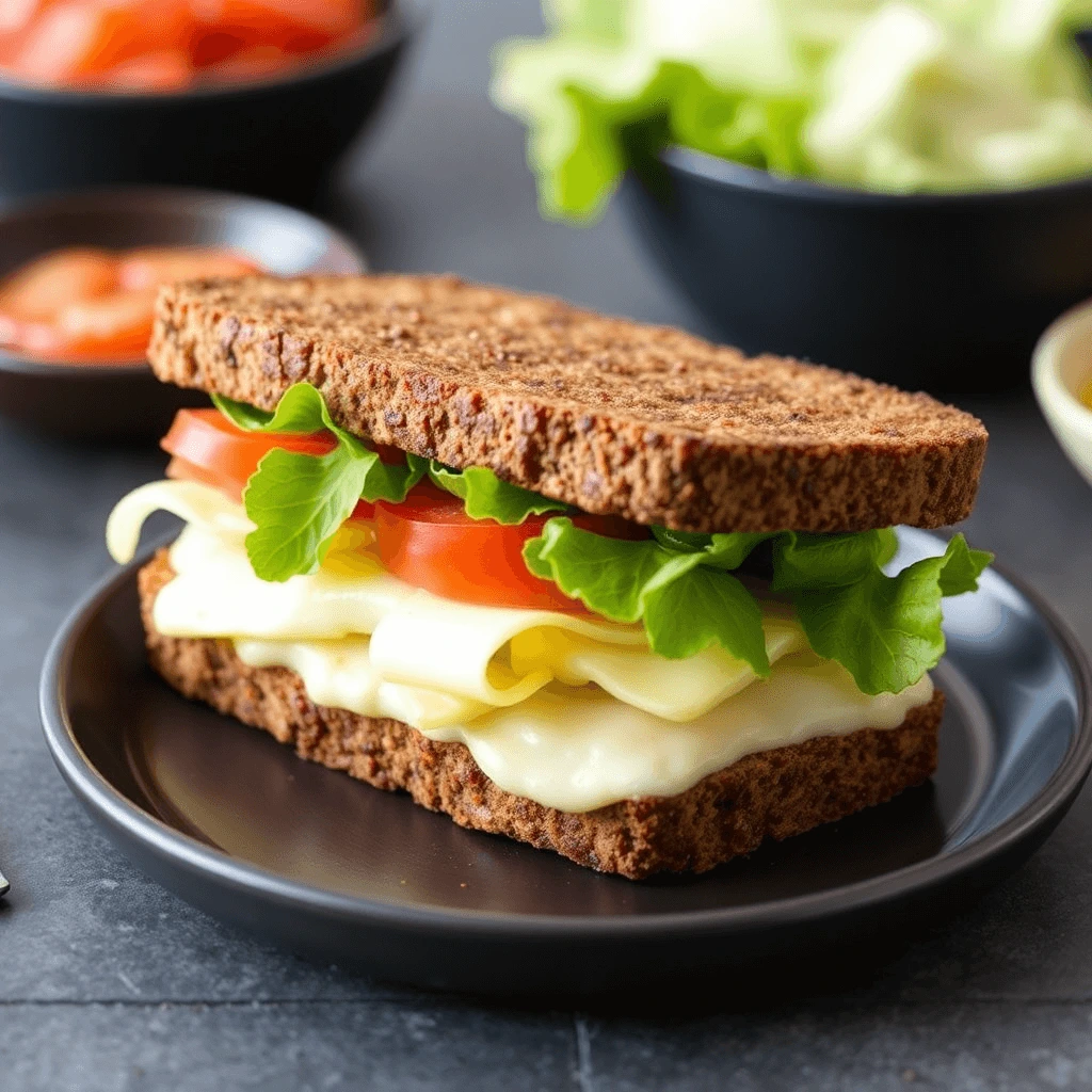 Healthy sandwich with cheese, tomato, and lettuce on whole grain bread.