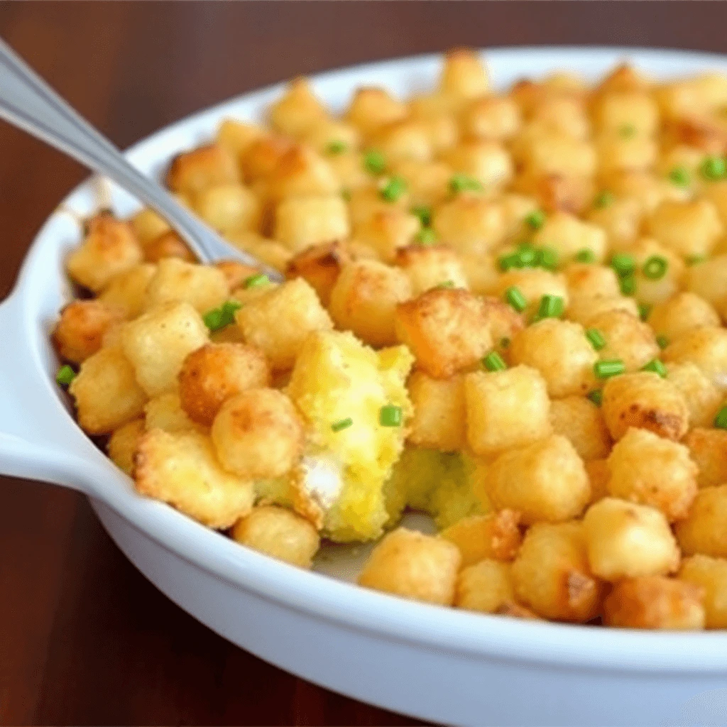 Breakfast casserole in a baking dish made with scrambled eggs, tater tots, sausage, and cheese. Golden brown and crispy on top.