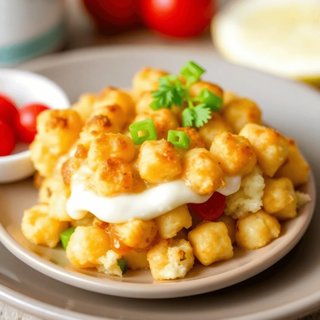 Crispy tater tot breakfast casserole topped with sour cream, green onions, and fresh cilantro, served on a plate with cherry tomatoes.