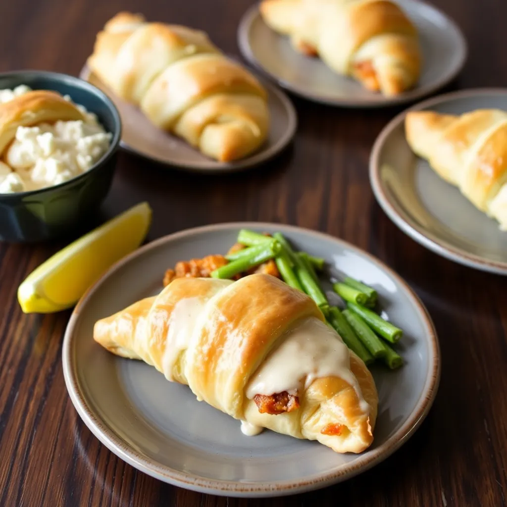 Golden crescent rolls stuffed with a savory filling, topped with melted cheese, and served with green beans on a rustic wooden table.