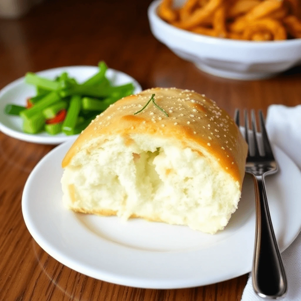 A soft and fluffy Golden Corral-style dinner roll on a white plate, served with fresh green vegetables and a side of curly fries in the background.