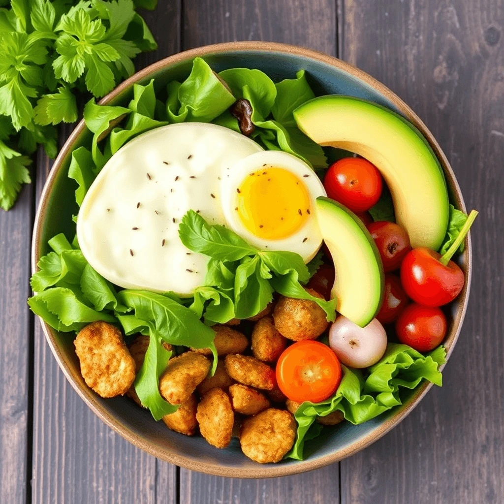 A nutritious lunch bowl featuring fresh green lettuce, sliced avocado, cherry tomatoes, crispy chicken bites, and a soft-boiled egg, served in a rustic bowl on a wooden table.