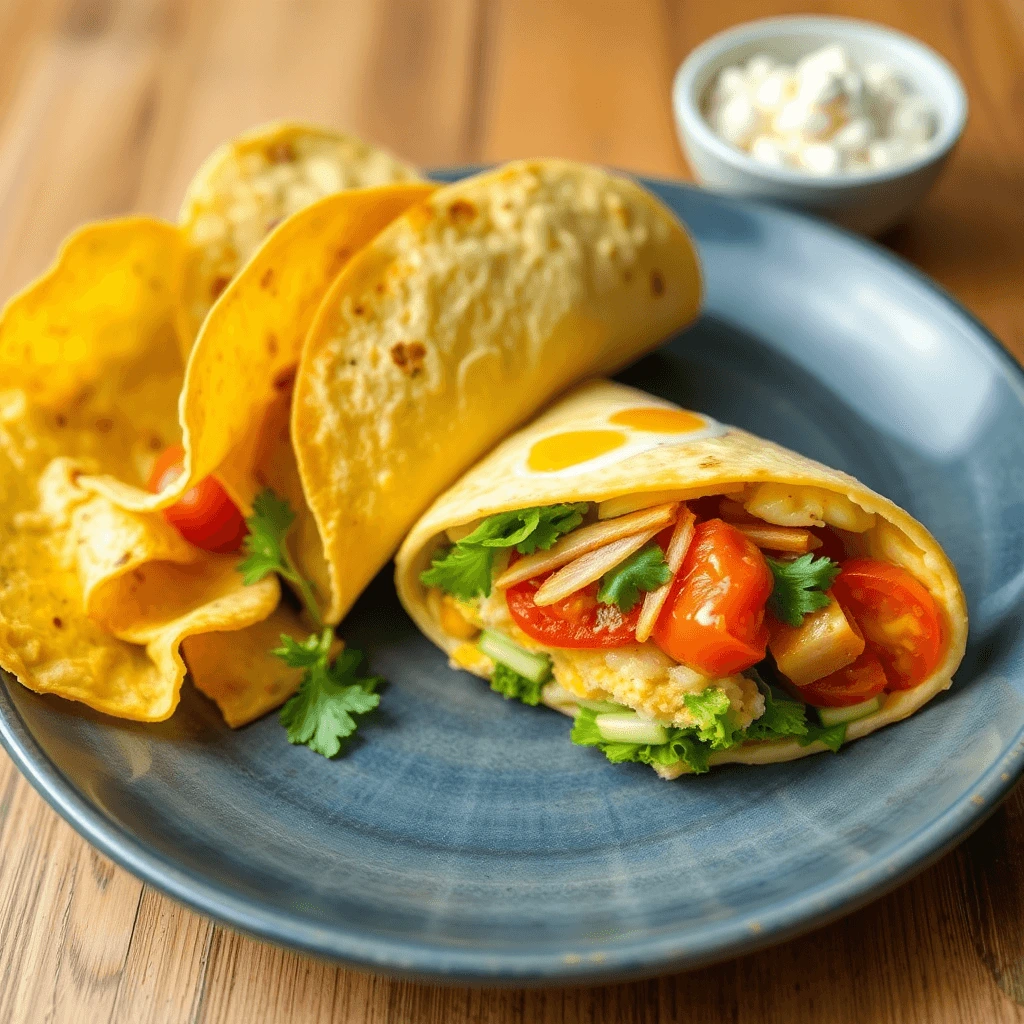 A healthy omelet wrap filled with fresh vegetables, cheese, and herbs, served on a blue plate with a side of cottage cheese.