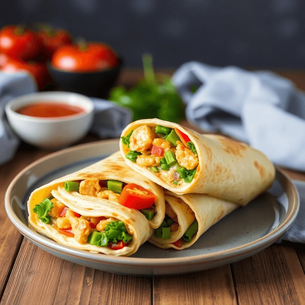 A delicious protein-rich breakfast wrap filled with scrambled eggs, spinach, diced tomatoes, and feta cheese, garnished with fresh herbs.