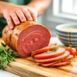 Homemade mortadella being sliced on a wooden cutting board, garnished with parsley, with a bowl of sauce in the background.