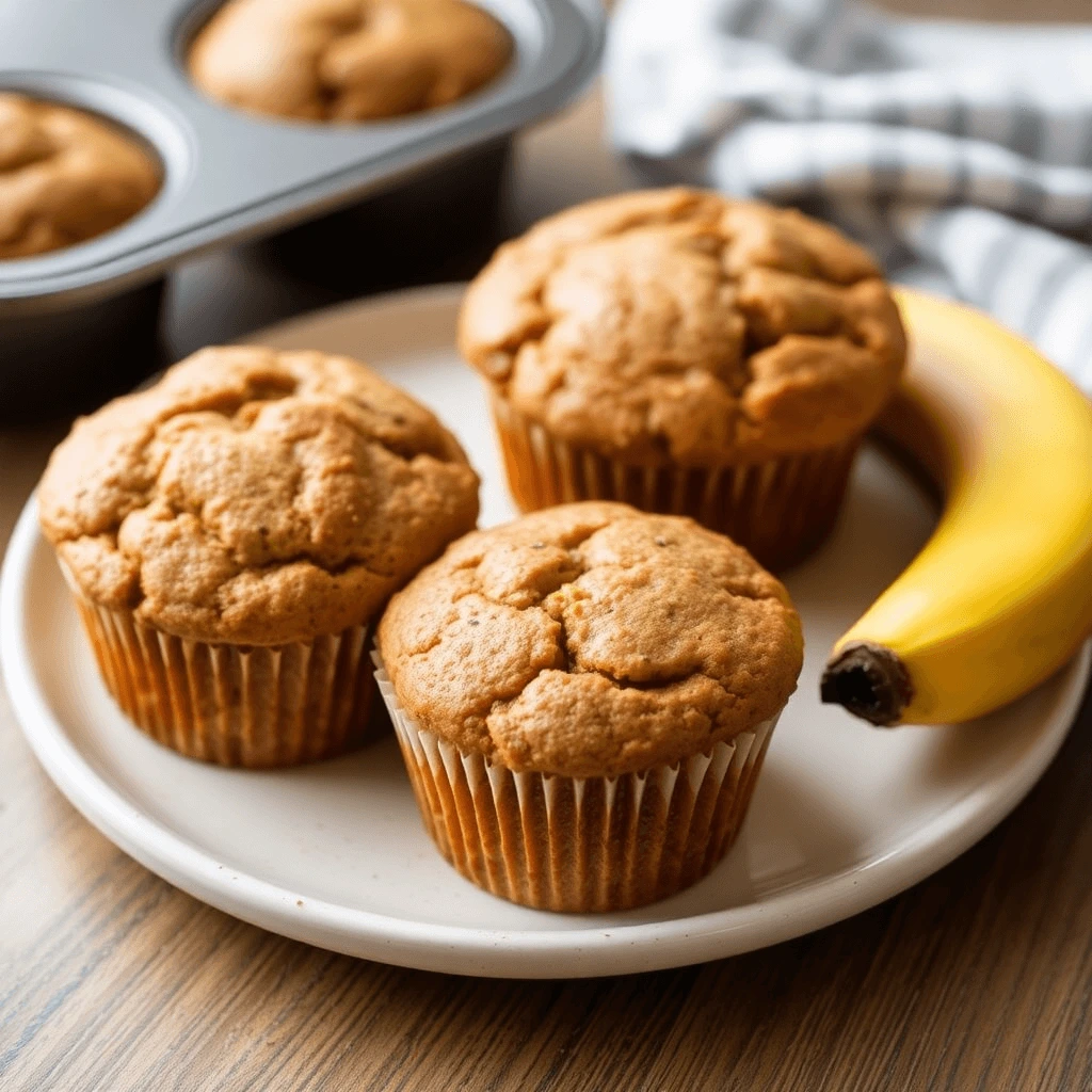 Freshly baked 2 banana muffins on a white plate with a ripe banana beside them.