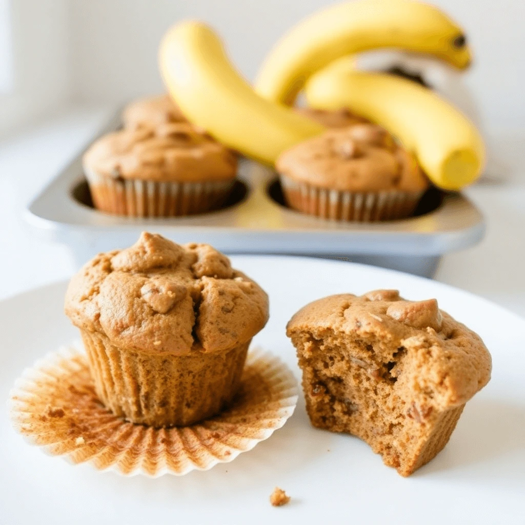 Freshly baked ripe banana muffins with a golden brown crust and scattered banana slices on top.