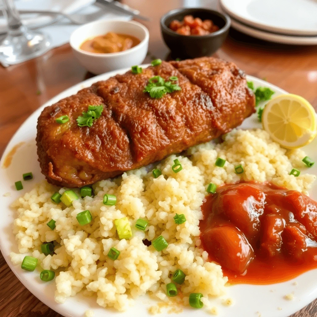 A plate of Halaby Kibbeh served with fluffy bulgur, tomato sauce, and garnished with fresh green onions and parsley, accompanied by side dishes.