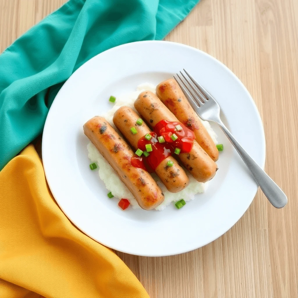 A plate of homemade chicken sausages served with fresh herbs and sliced vegetables.