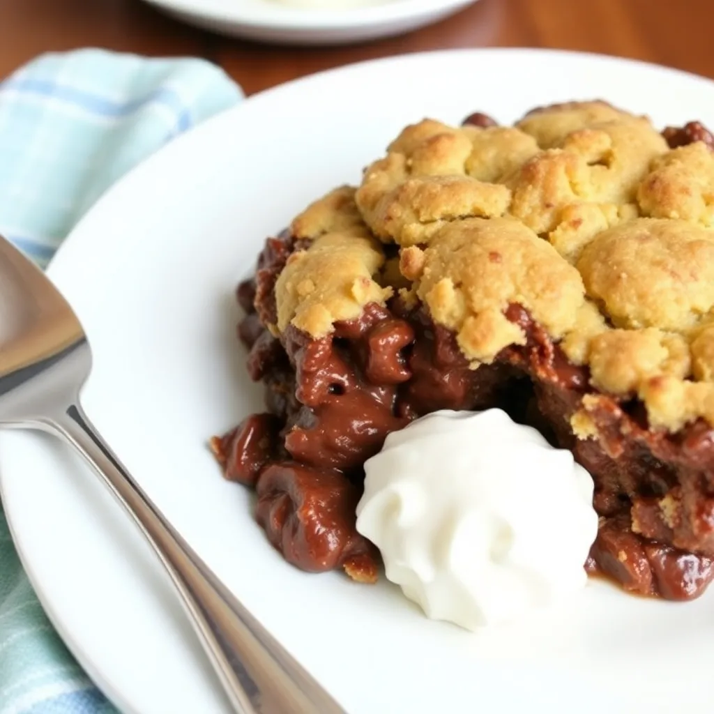 Warm, golden-brown cobbler with fruit filling, served in a dish