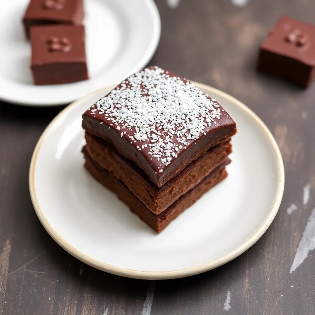 Close-up of a selection of handcrafted chocolate squares, showcasing a variety of textures and finishes. The chocolate is rich and dark, with subtle variations in surface texture.