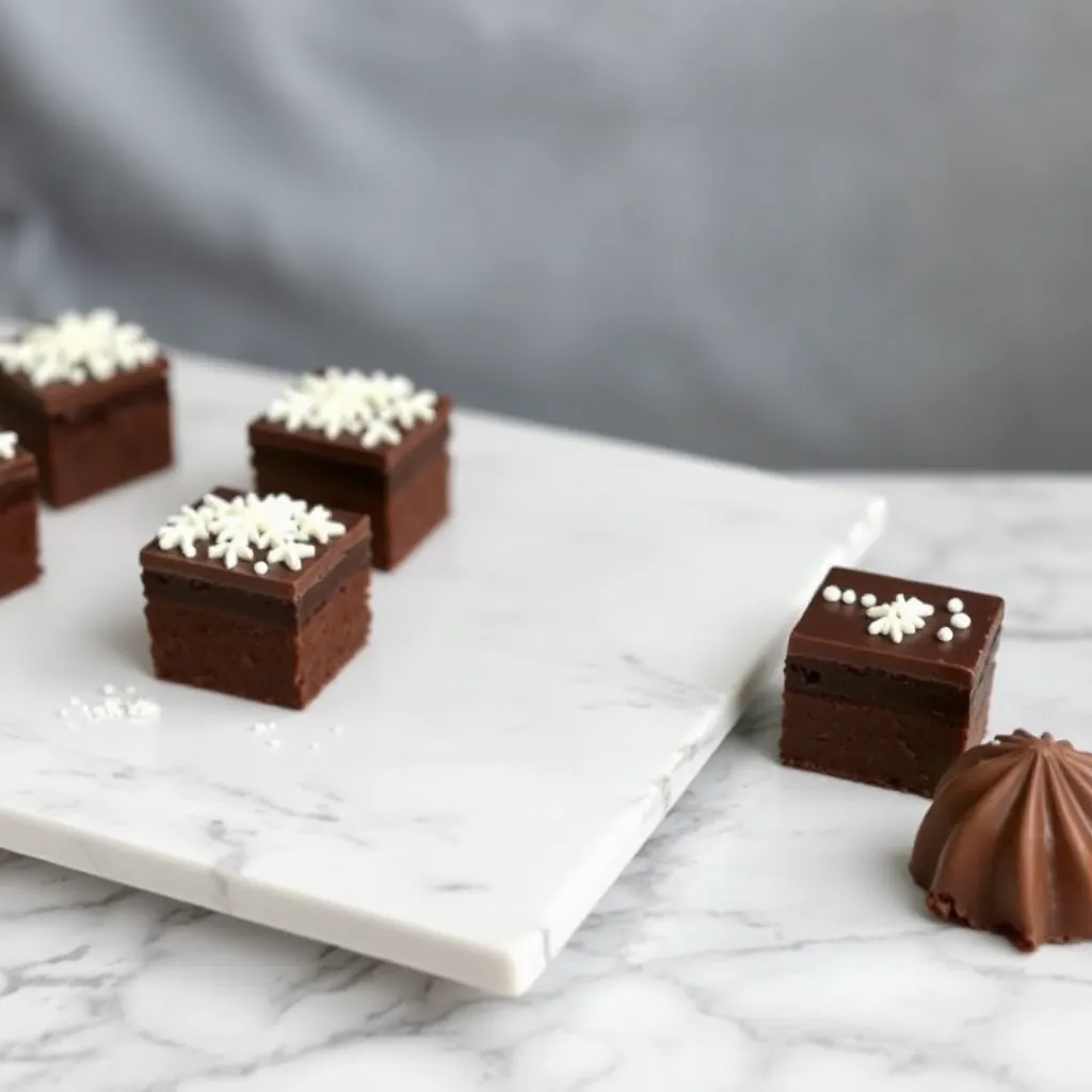 A gourmet chocolate selection featuring dark chocolate squares with vibrant inclusions. One shows red chili flakes, and the other displays pieces of dried mango and coconut, presented on a dark slate board.