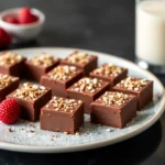 Luxurious Dubai-style chocolate fudge squares topped with crunchy nuts, served on a plate with fresh raspberries and a glass of milk.