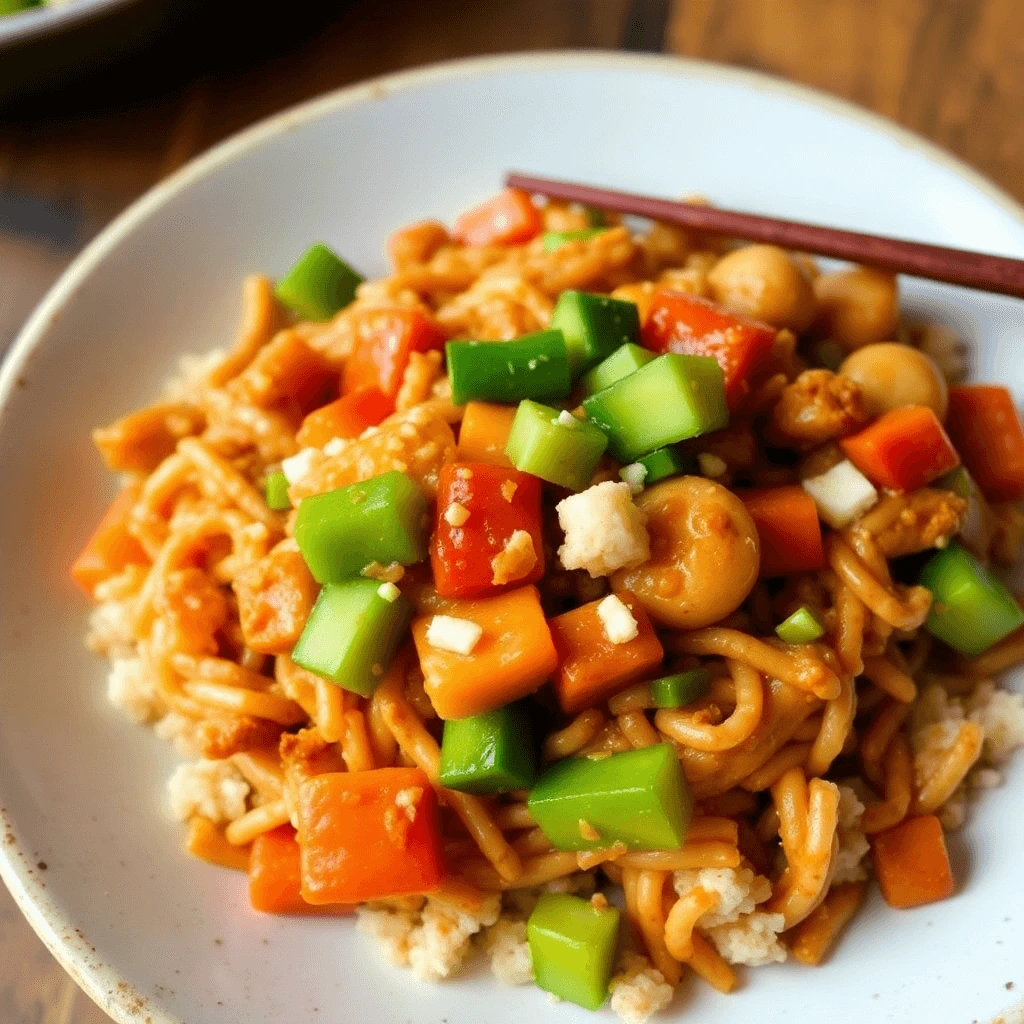 A plate of Asian-style stir-fried noodles with diced green bell peppers, carrots, and tofu, garnished with peanuts and served with chopsticks.