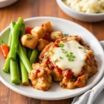 A plate of oven-baked meatloaf topped with melted cheese, served with green beans, roasted potatoes, and red bell peppers.