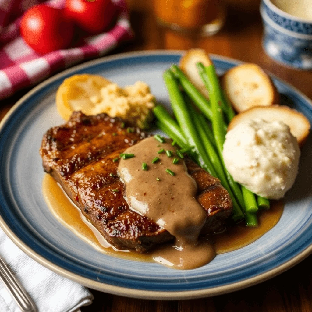 Grilled steak with creamy gravy, served with mashed potatoes, green beans, and toasted bread on a blue plate.