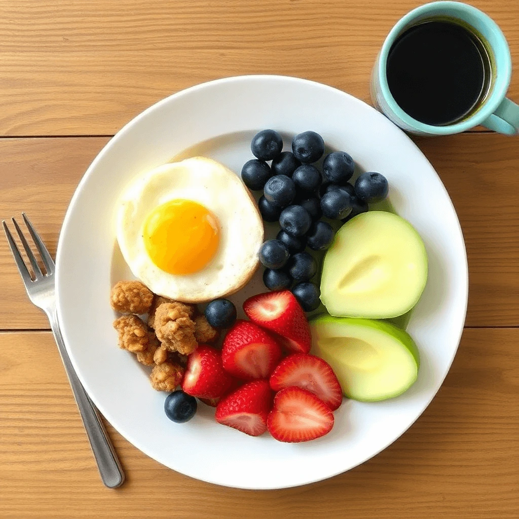 A nutritious breakfast plate with a fried egg, fresh strawberries, blueberries, green apple slices, and crispy granola bites, served with a cup of black coffee.