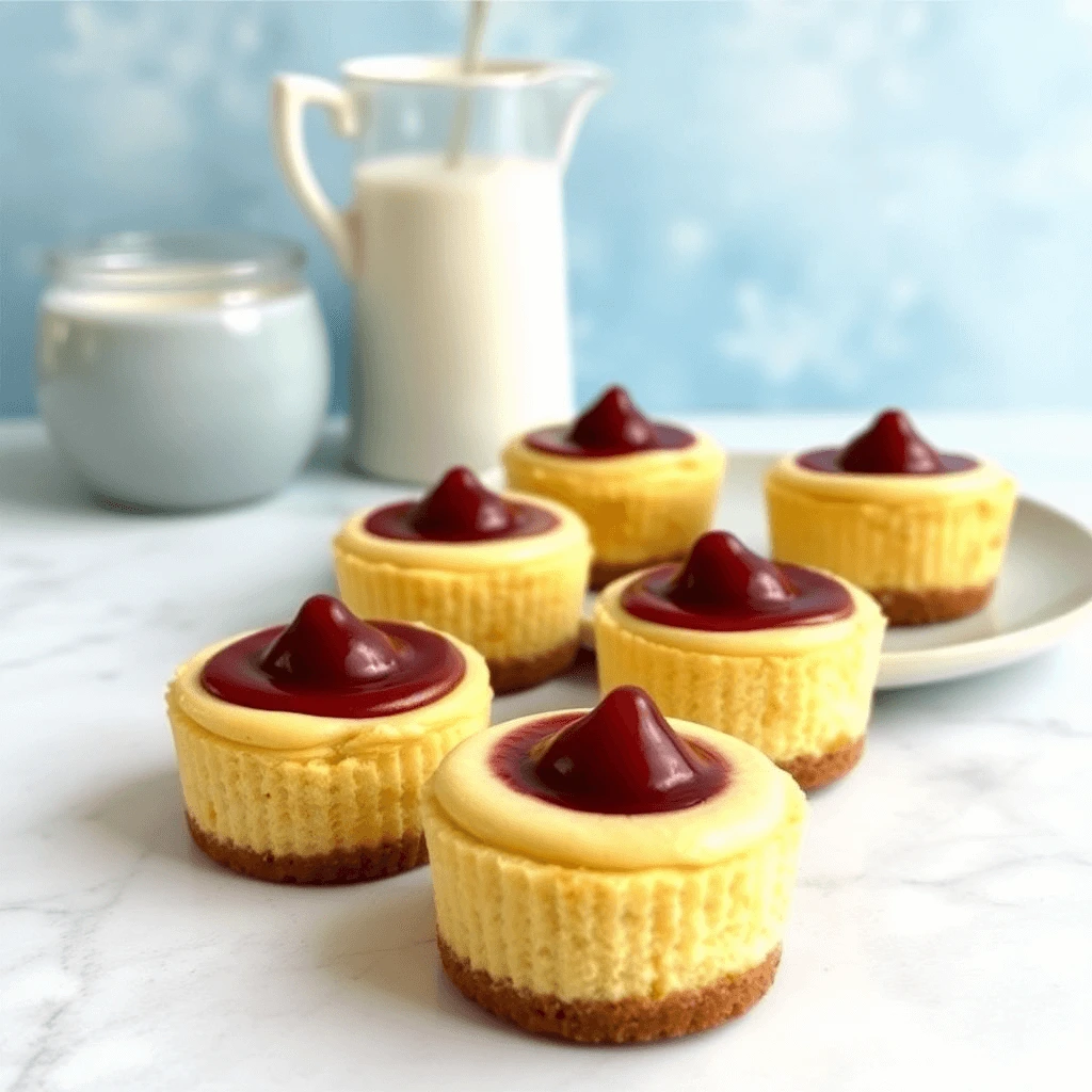 Mini Jammie Dodger cheesecakes with a biscuit base, creamy cheesecake filling, and a swirl of raspberry jam on top, served on a marble surface with a milk jug in the background.