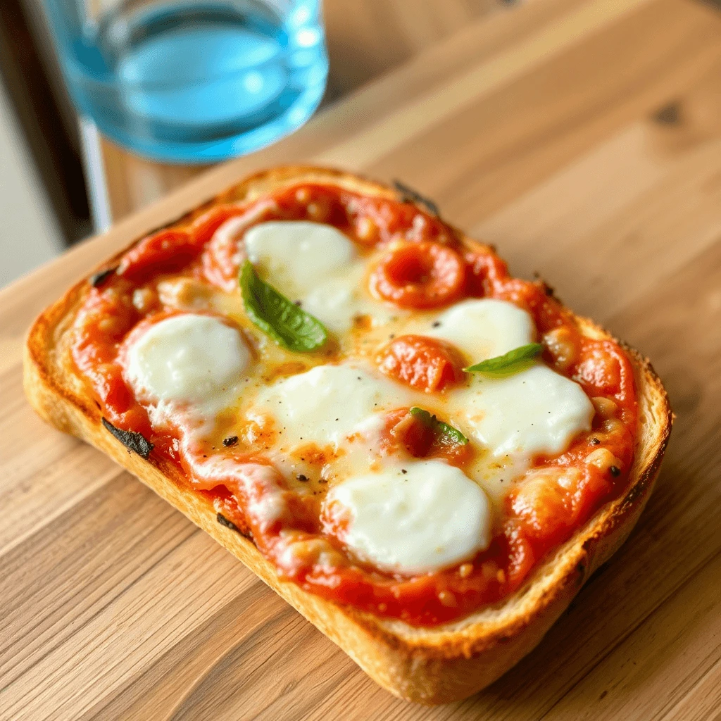 Delicious quick pizza toast with melted cheese, tomato sauce, and colorful toppings on a plate.