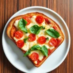 Close-up of homemade pizza toast topped with melted mozzarella, cherry tomatoes, and fresh basil leaves on a white plate.