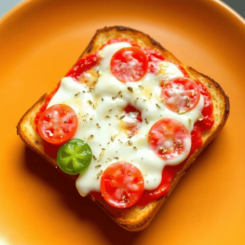 Easy pizza toast topped with melted cheese, pepperoni, and fresh basil on a wooden cutting board.