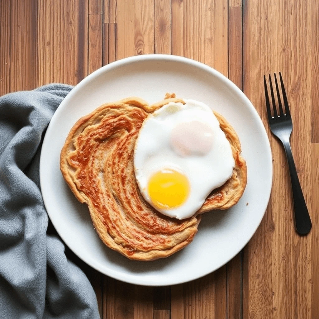 A golden-brown sourdough pancake topped with two sunny-side-up eggs, served on a white plate with a black fork on a wooden table.