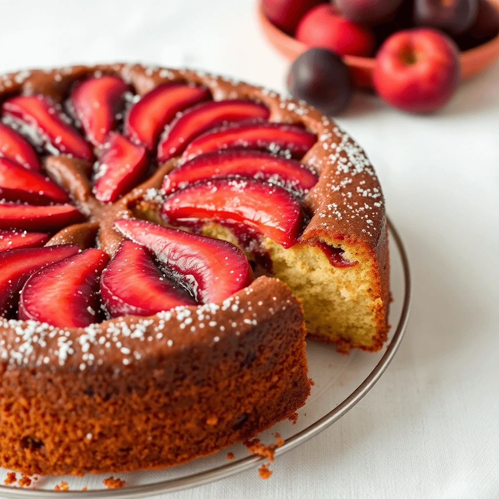 A homemade flourless plum cake topped with fresh plum slices and dusted with powdered sugar.