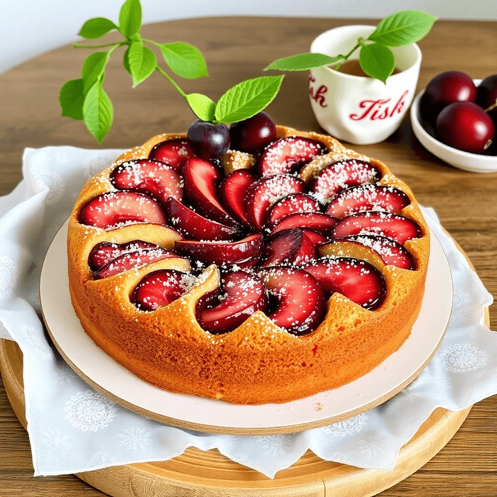 A delicious gluten-free plum cake topped with fresh plums and a sprinkle of powdered sugar.