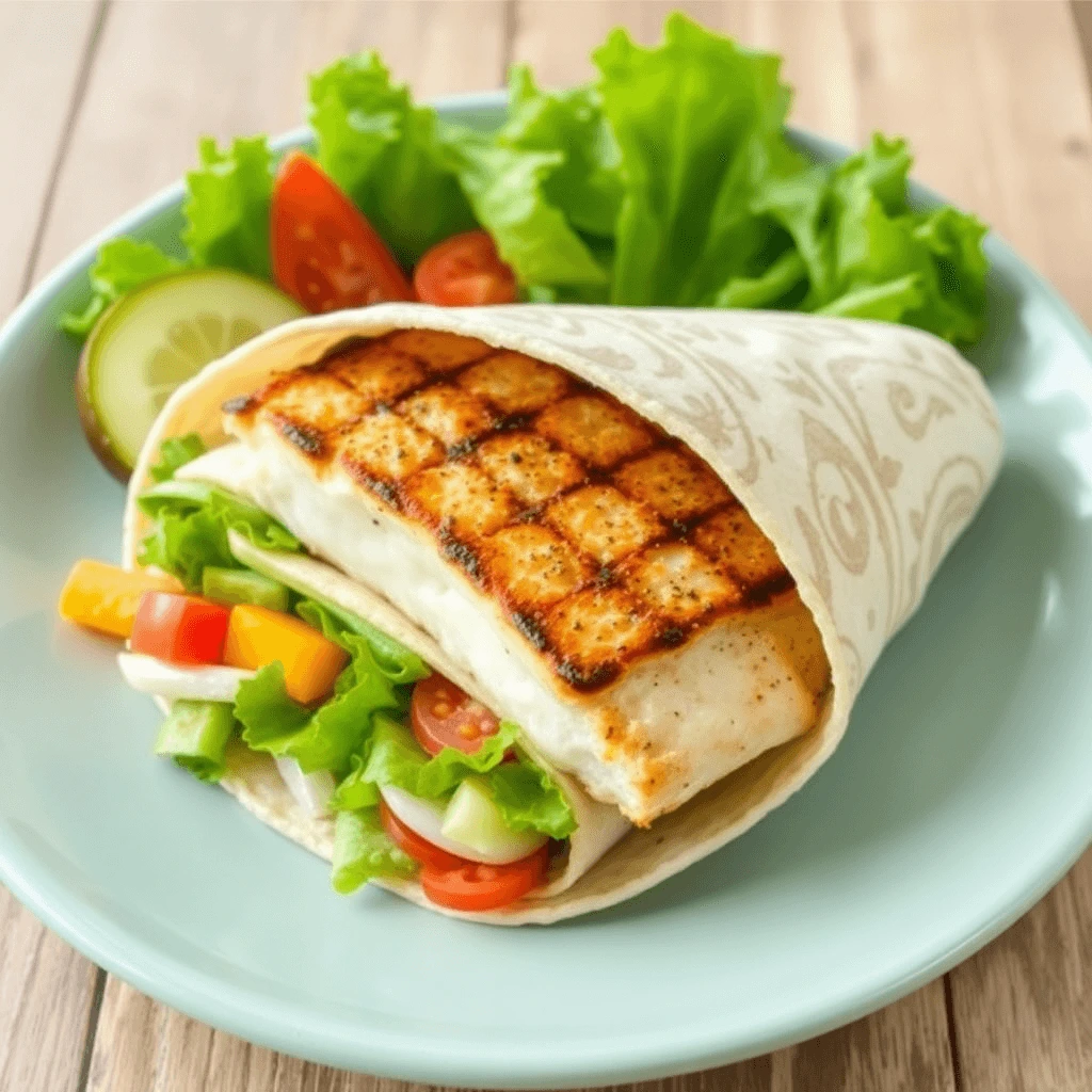 Grilled fish wrap filled with fresh vegetables like lettuce, tomatoes, and bell peppers, served on a plate with a side of leafy greens and cucumber slices.