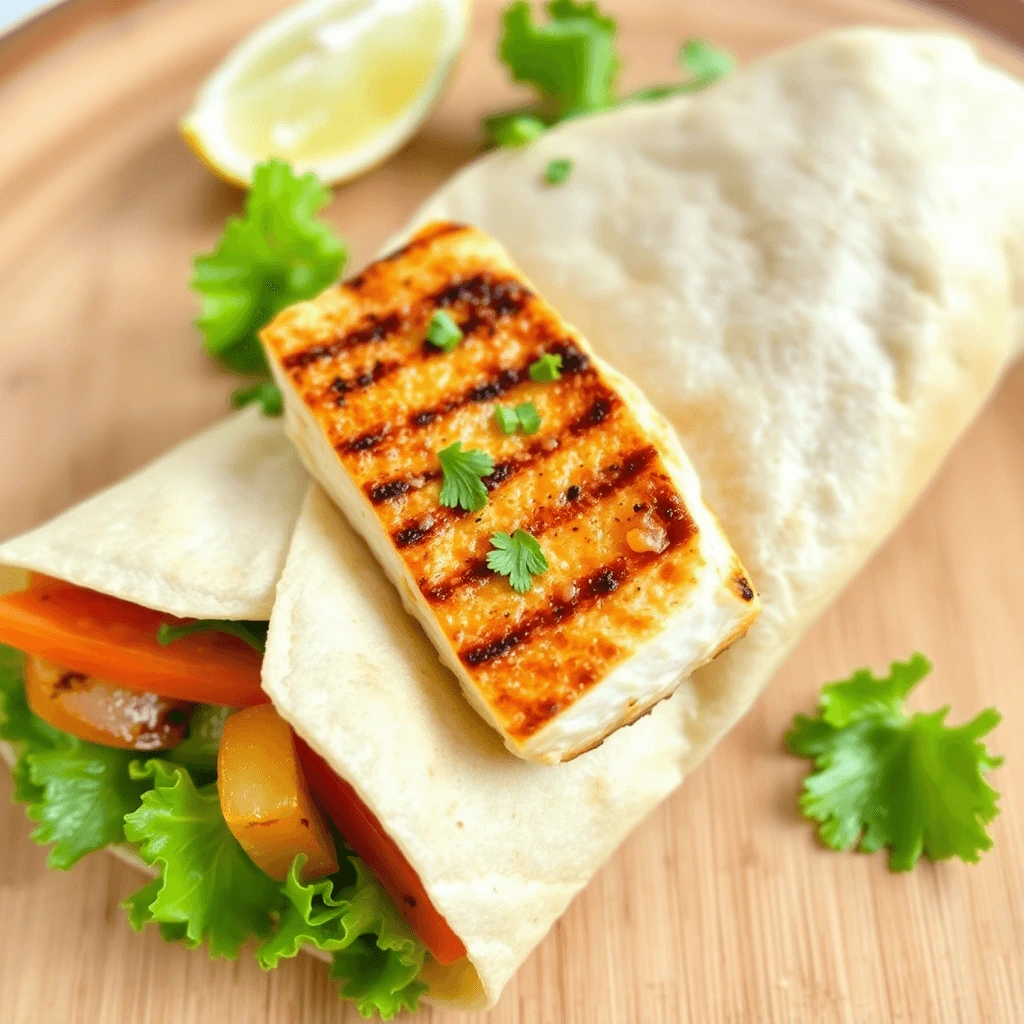 A light and fresh fish wrap featuring grilled fish, crisp lettuce, and colorful vegetables, wrapped in a whole grain tortilla.